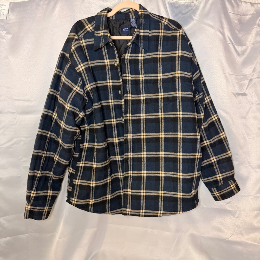 Basic Editions Mens XL Quilted Flannel Shirt Jacket Navy Blue Plaid‎ Shacket